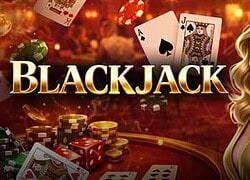 Casino blackjack game with chips and playing cards, lively atmosphere.